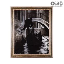Picture With Frame On Murano Glass Plate - Gondola In Black And White With Silver-like Leaf