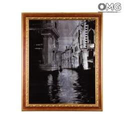Picture With Frame On Murano Glass Plate - Venice Canal In Black And White With Silver-like Leaf