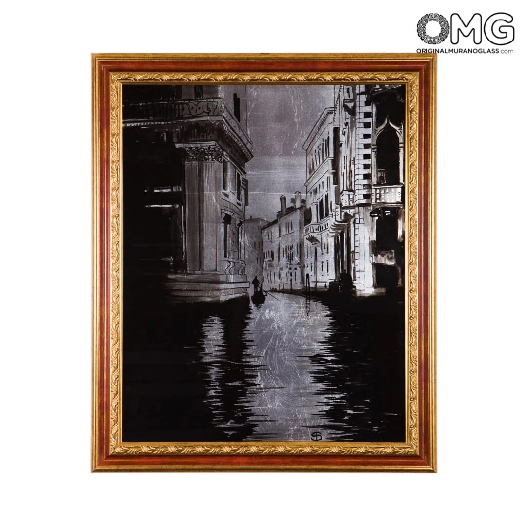 Picture With Frame On Murano Glass Plate - Venice Canal In Black And White With Silver-like Leaf 3 Picture With Frame On Murano Glass Plate - Venice Canal In Black And White With Silver-like Leaf