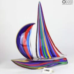Sail Boat Mix Colored Cannes In Blue - Sculpture - Murano Glass -Life Store 1455489198461