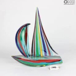 Sail Boat Mix Colored Cannes In Green - Sculpture - Murano Glass -Life Store 1455489370348