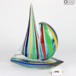 Sail Boat Mix Colored Cannes In Green - Sculpture - Murano Glass -Life Store 1455489371200