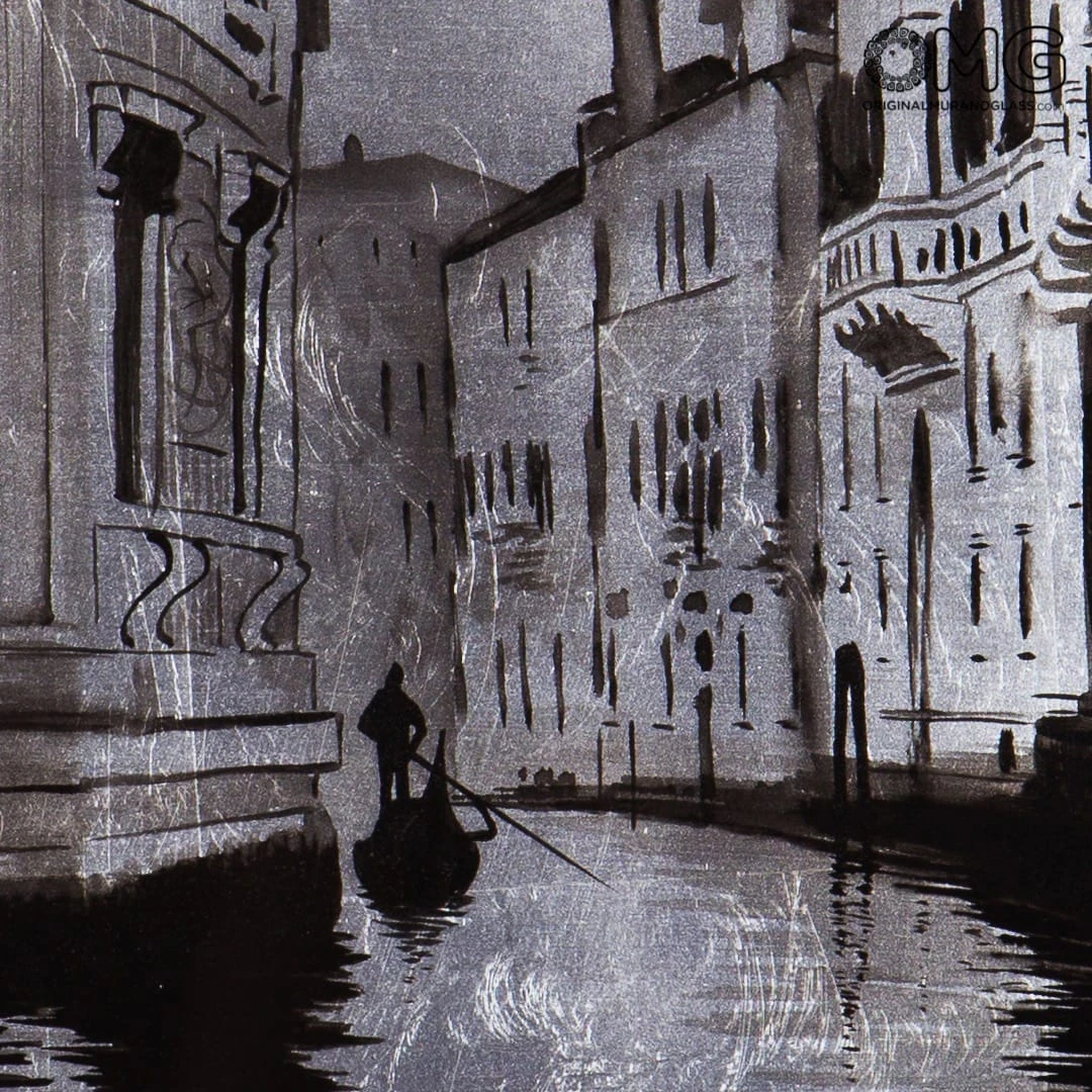 Picture With Frame On Murano Glass Plate - Venice Canal In Black And White With Silver-like Leaf 4 Picture With Frame On Murano Glass Plate - Venice Canal In Black And White With Silver-like Leaf - Image 2