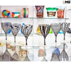 Drinking Glass - Black Lines Chalices Set Of 6 Pieces - Original Murano Glass Omg -Life Store 1648724927198