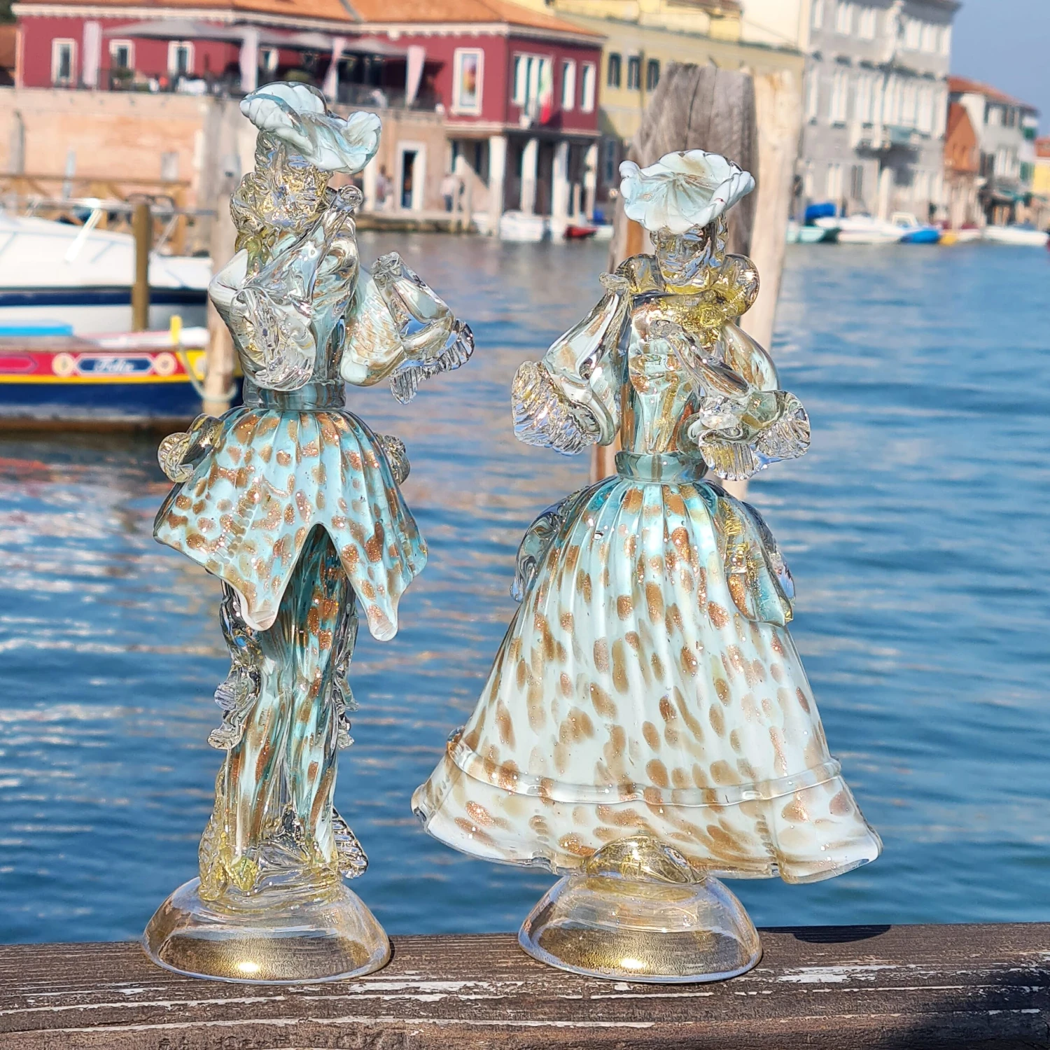 Couple Goldoni Venetian Figurines Light Blue - Gold 24kt Decoration 4 Couple Goldoni Venetian Figurines Light Blue - Gold 24kt Decoration - Image 2