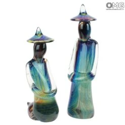 Chinese Couple - Sculpture In Chalcedony - Original Murano Glass OMG