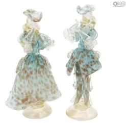 Couple Goldoni Venetian Figurines Light Blue - Gold 24kt Decoration