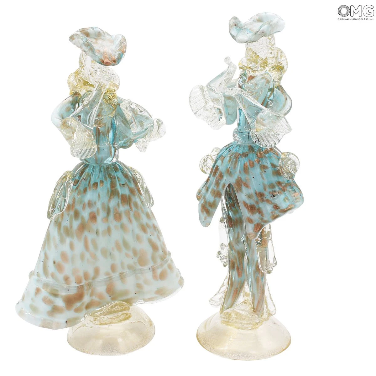 Couple Goldoni Venetian Figurines Light Blue - Gold 24kt Decoration 3 Couple Goldoni Venetian Figurines Light Blue - Gold 24kt Decoration