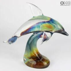 Dolphin On Base - Sculpture In Chalcedony - Original Murano Glass Omg -Life Store dolphin murano glass calcedony omg2