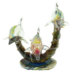 Three Dolphins On Base - Sculpture In Chalcedony - Original Murano Glass OMG -Life Store dolphin wave family original murano glass omg2