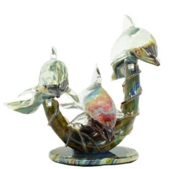 Three Dolphins On Base - Sculpture In Chalcedony - Original Murano Glass OMG -Life Store dolphin wave family original murano glass omg3
