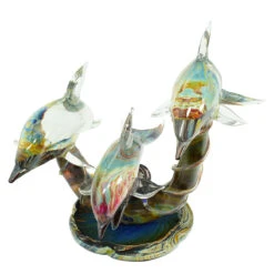 Three Dolphins On Base - Sculpture In Chalcedony - Original Murano Glass OMG -Life Store dolphin wave family original murano glass omg4
