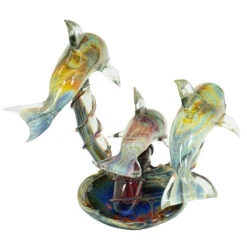 Three Dolphins On Base - Sculpture In Chalcedony - Original Murano Glass OMG -Life Store dolphin wave family original murano glass omg5