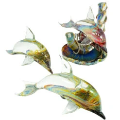 Three Dolphins On Base - Sculpture In Chalcedony - Original Murano Glass OMG -Life Store dolphin wave family original murano glass omg7