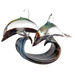 Two Dolphins - Sculpture In Chalcedony - Original Murano Glass OMG