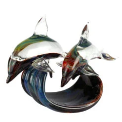 Two Dolphins - Sculpture In Chalcedony - Original Murano Glass OMG -Life Store double dolphins chalcedony 3