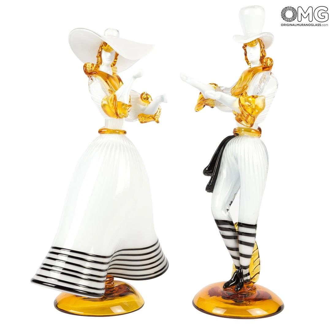 Couple Goldoni Venetian Figurines - White - Original Murano Glass OMG 3 Couple Goldoni Venetian Figurines - White - Original Murano Glass OMG