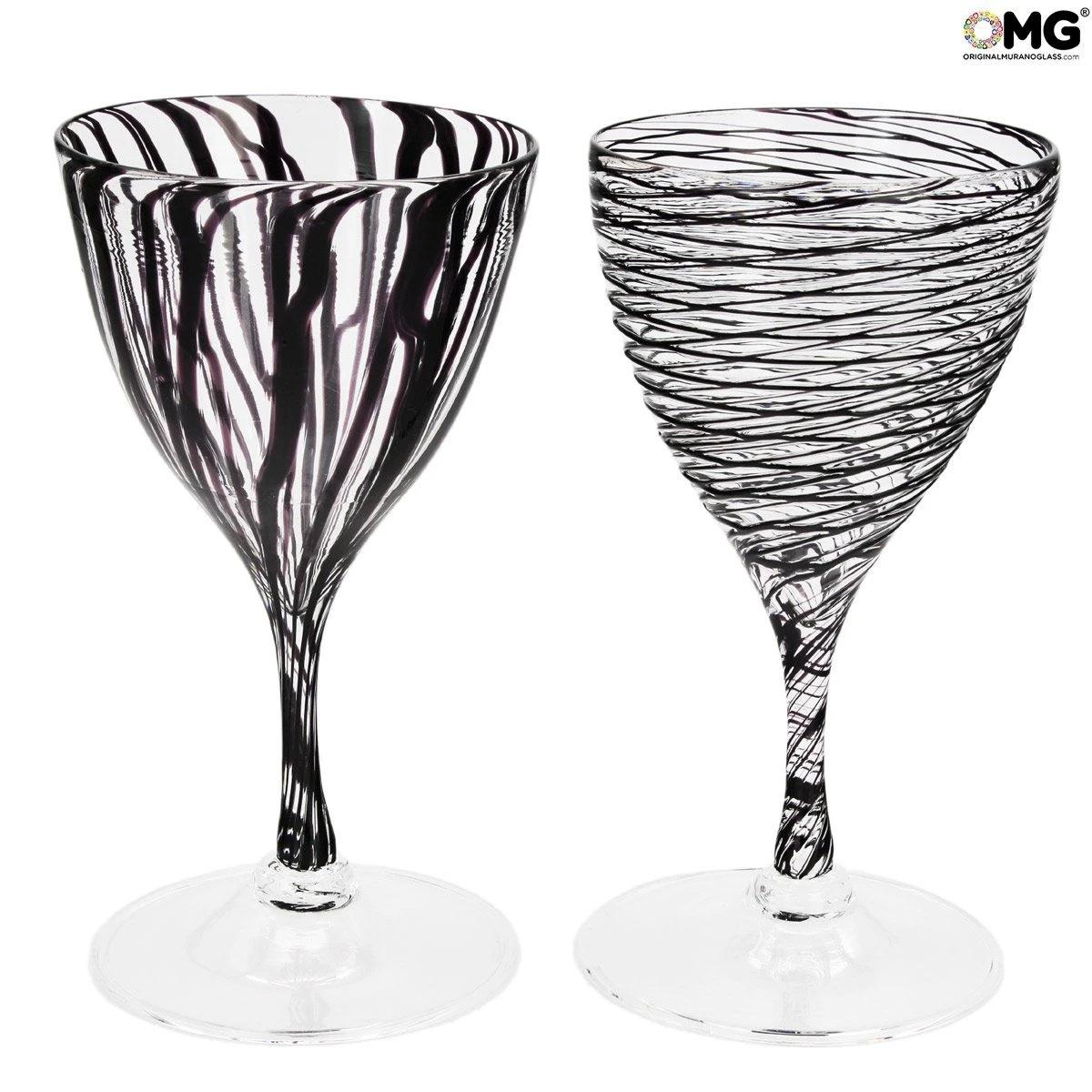 Drinking Glass - Black Lines Chalices Set Of 6 Pieces - Original Murano Glass Omg - Image 3