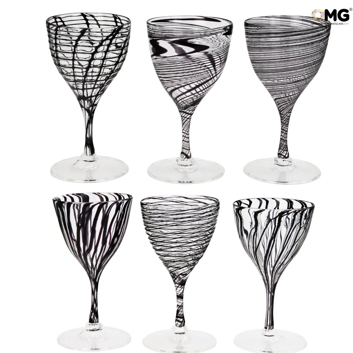 Drinking Glass - Black Lines Chalices Set Of 6 Pieces - Original Murano Glass Omg