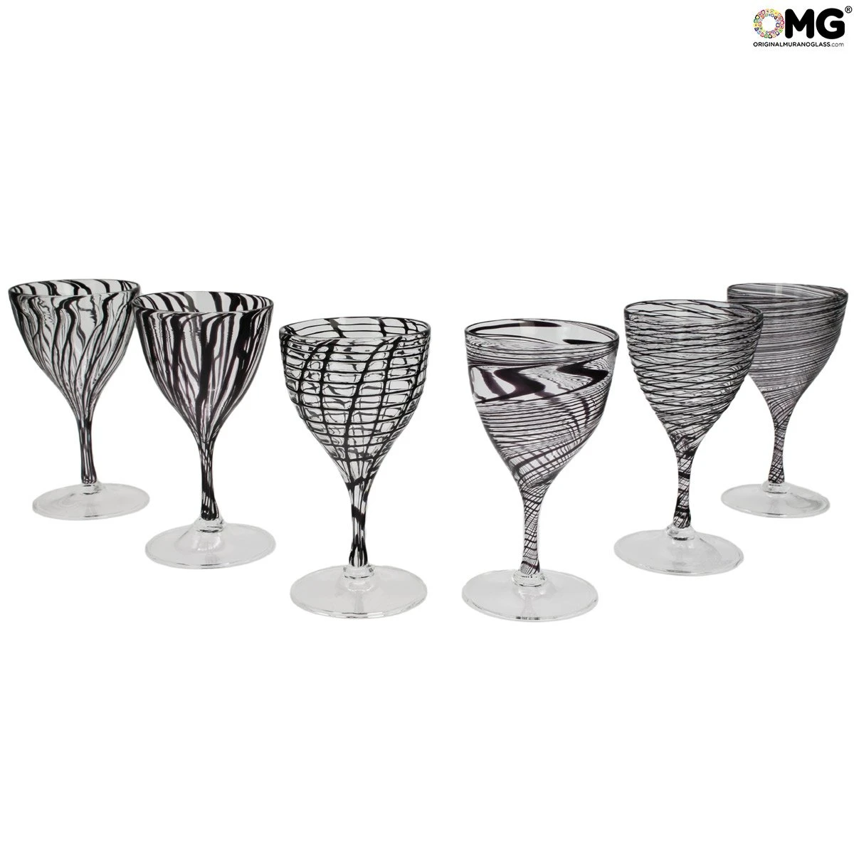 Drinking Glass - Black Lines Chalices Set Of 6 Pieces - Original Murano Glass Omg - Image 4