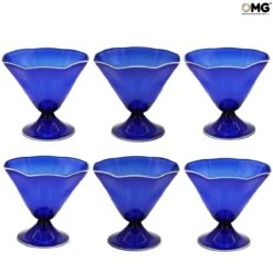 Set Of 6 Margarita Drinking Glasses Octagonal - Blue - Original Murano Glass