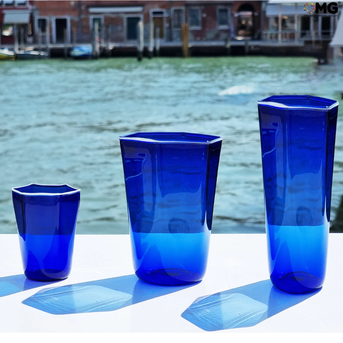 Set Of 6 Drinking Glasses Octagonal - Blue - Original Murano Glass - Image 2
