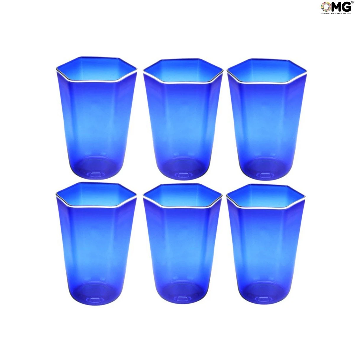 Set Of 6 Drinking Glasses Shot - Octagonal - Blue - Original Murano Glass