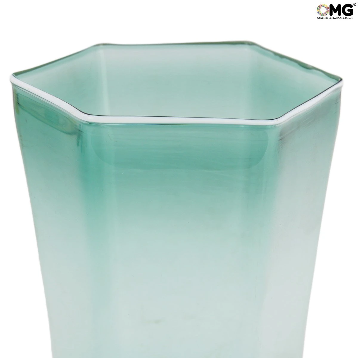 Set Of 6 Drinking Glasses Flute - Octagonal - Green - Original Murano Glass - Image 5