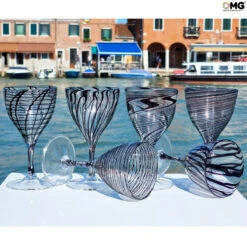 Drinking Glass - Black Lines Chalices Set Of 6 Pieces - Original Murano Glass Omg -Life Store glasses sbruffi original murano glass omg venetian 7