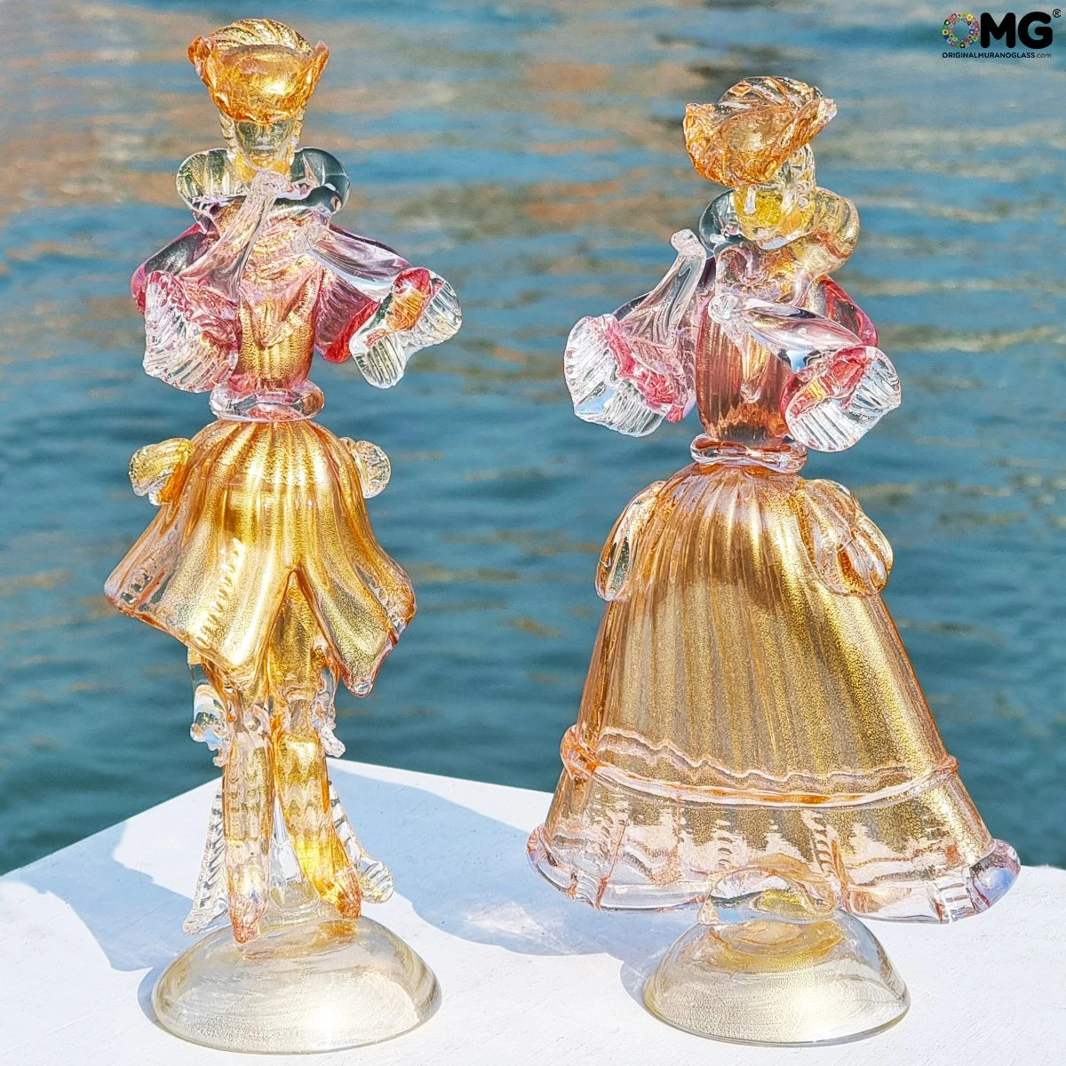 Couple Goldoni Sculpture Pink - Venetian Figurines Lady And Rider Gold 24kt 4 Couple Goldoni Sculpture Pink - Venetian Figurines Lady And Rider Gold 24kt - Image 2
