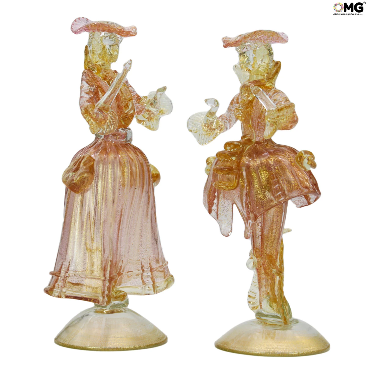 Couple Goldoni Sculpture Gold - Pink - Venetian Figurines Lady And Rider Gold 24kt - Image 3