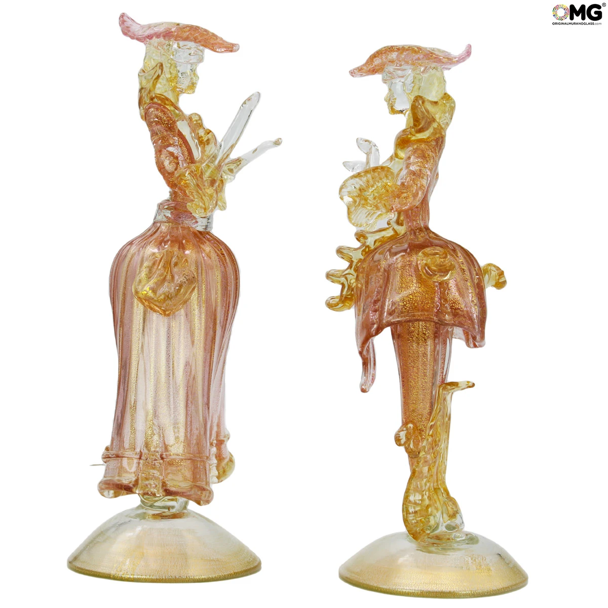 Couple Goldoni Sculpture Gold - Pink - Venetian Figurines Lady And Rider Gold 24kt - Image 4