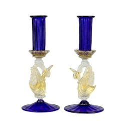 Set Of 2 Classic Venetian Blue Candle Holders - Murano Glass