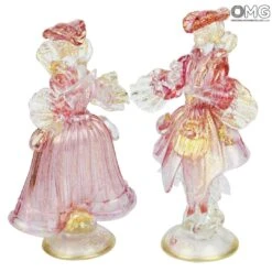 Couple Goldoni Sculpture Pink - Venetian Figurines Lady And Rider Gold 24kt