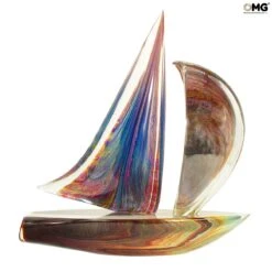 Sail Boat - Sculpture In Chalcedony - Original Murano Glass OMG