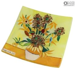 The Sunflowers Plate - Van Gogh Tribute - Square -Life Store vangogh sunflowers plate murano glass 2